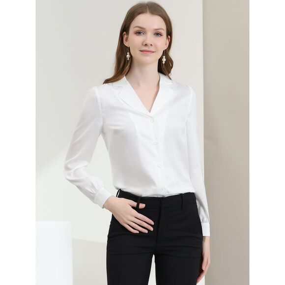 Women's Collar Blouse Long Sleeve Satin Button Down Shirt White - Picture 3 of 6